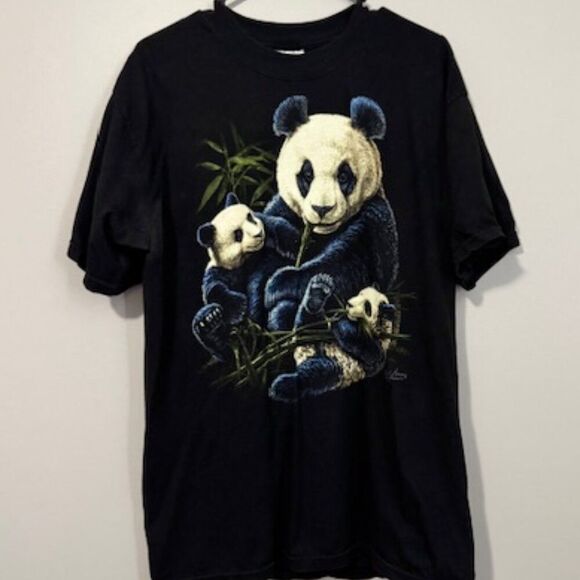 USED Woman's Gildan Short Sleeve T Shirt W Pandas Color Black/Blue Size Large - Picture 1 of 1